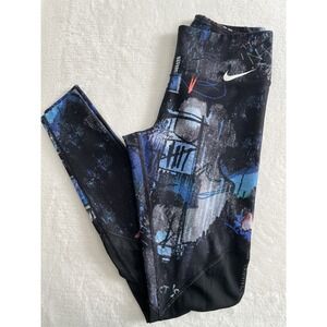 Nike Dri-Fit Womens Sporty Activewear Black/Blue Graffiti Cropped Leggings Sz XS